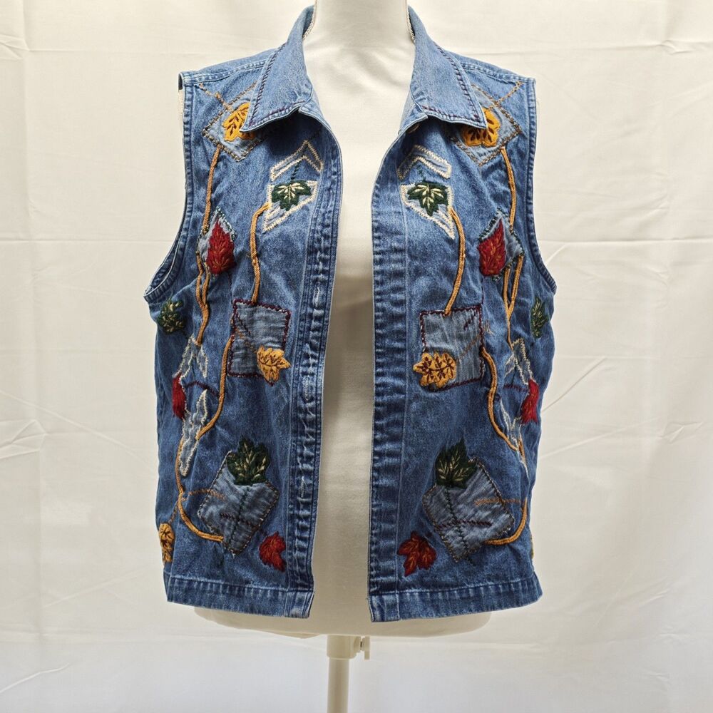 Womens M L Blue Denim Vest Embroidered Fall Leaves Patchwork Boho Folk Art Vests